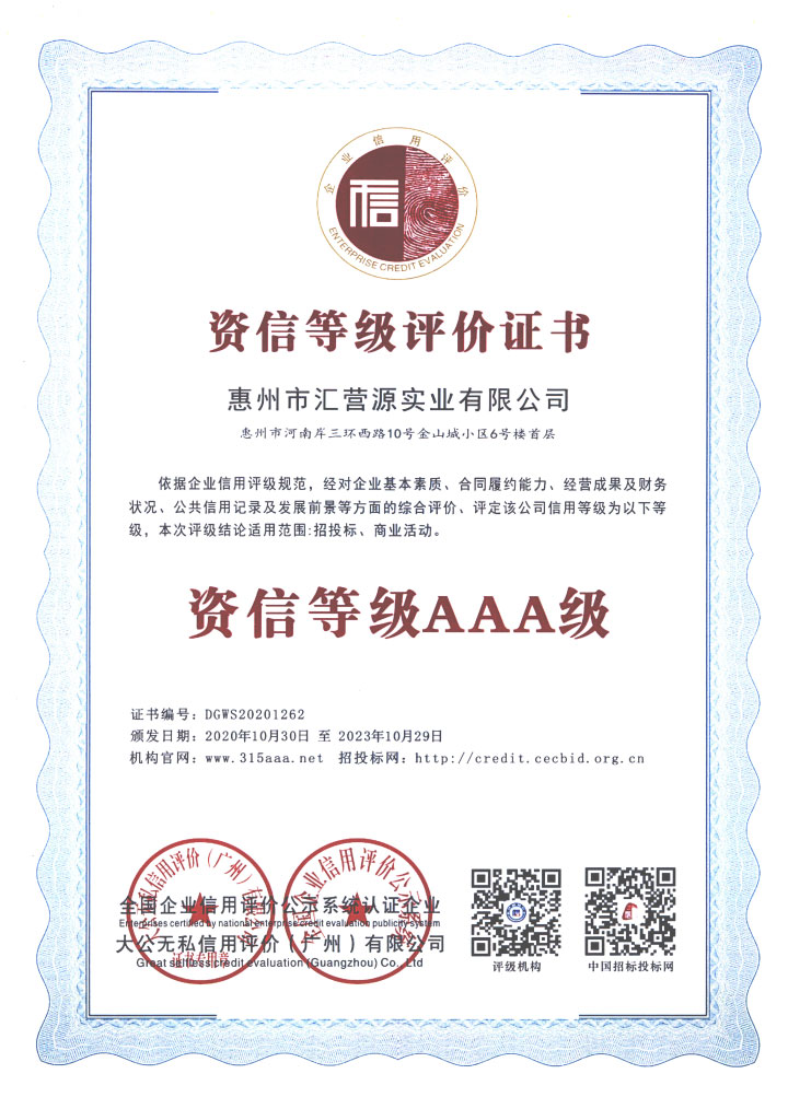 AAA级资信评价证书